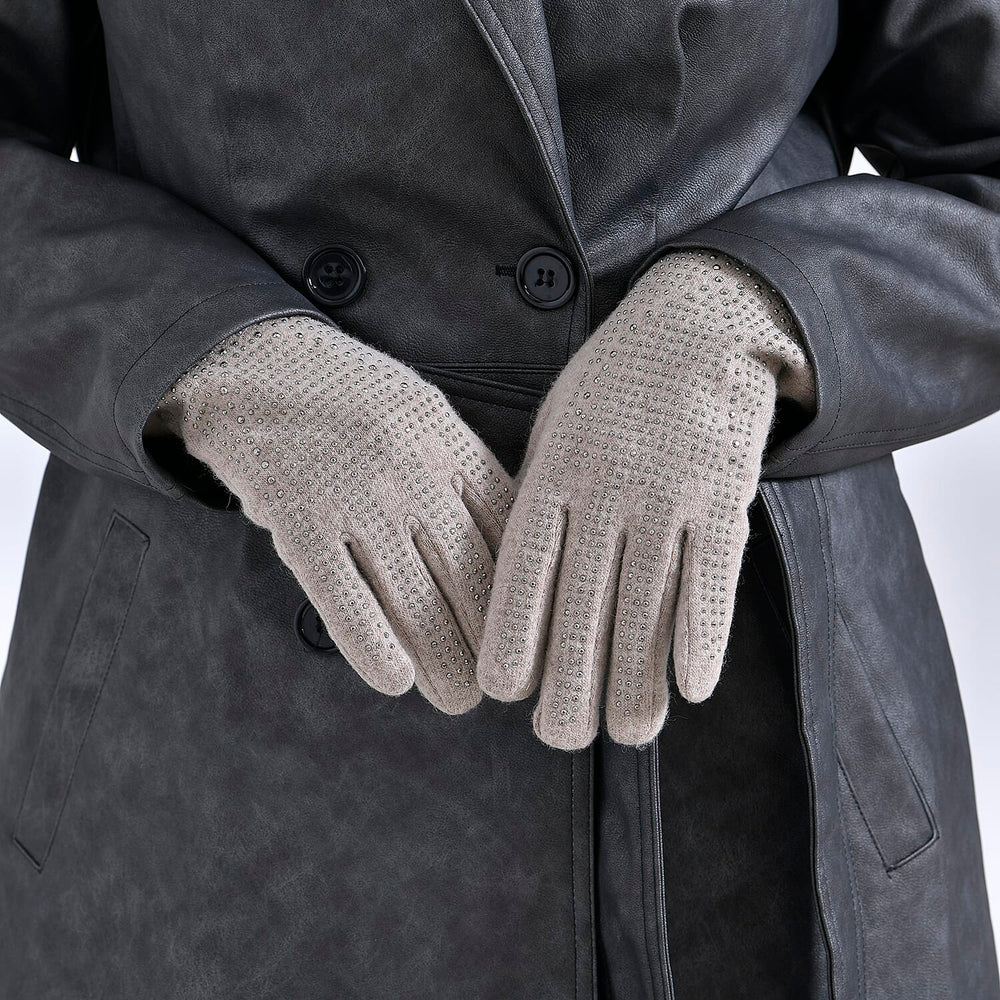 Cashmere Gloves with Rhinestone -Beige