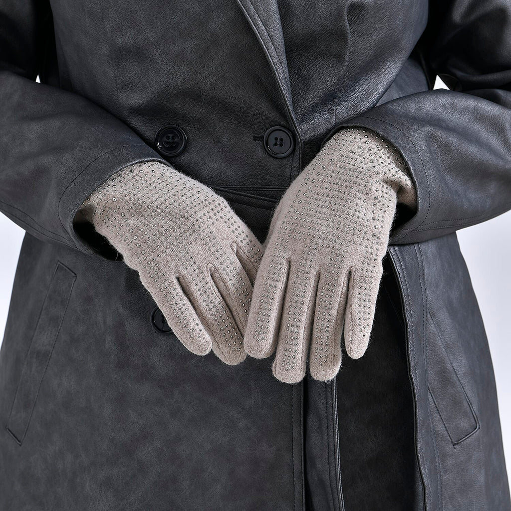 Cashmere Gloves with Rhinestone -Beige
