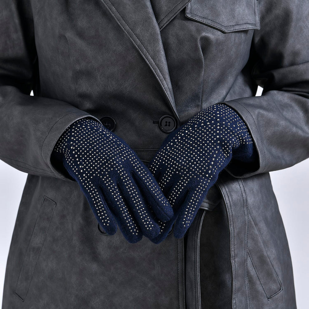 Cashmere Gloves with Rhinestone - Navy