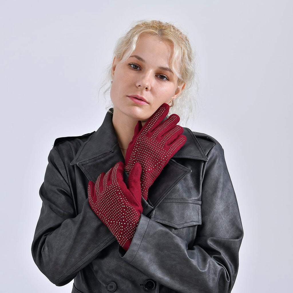 Cashmere Gloves with Rhinestone- Fuchsia