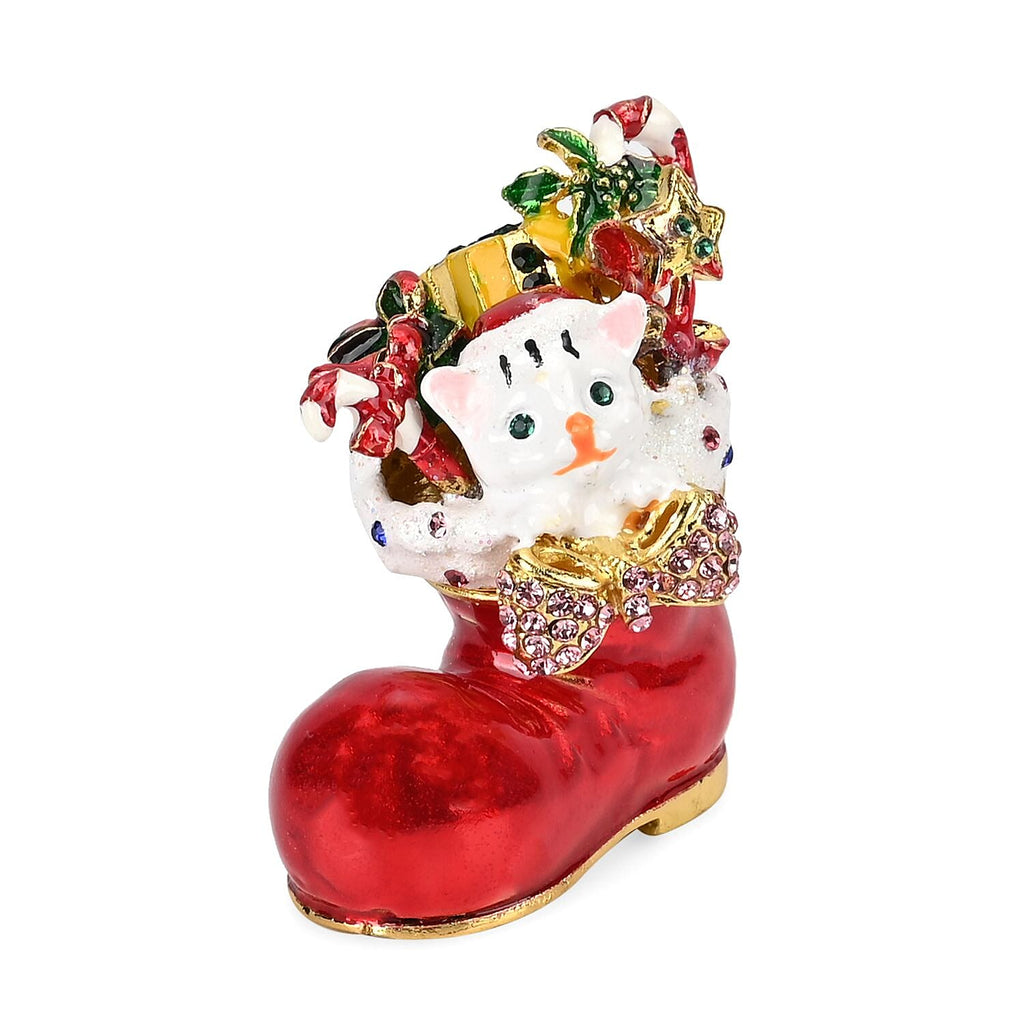 Christmas Santas Shoe - Cat Hand Painted Trinket Storage Box Enamelled With Sparkling Crystals - Multi