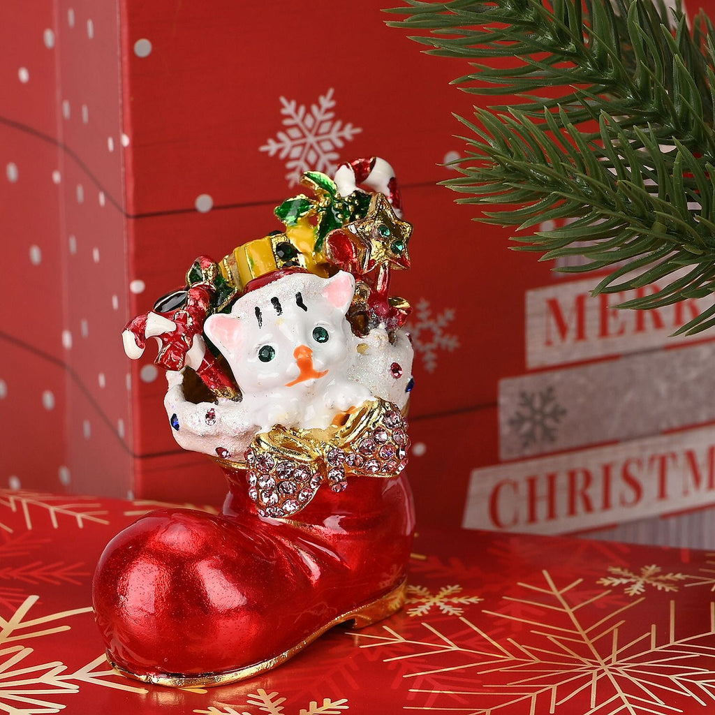 Christmas Santas Shoe - Cat Hand Painted Trinket Storage Box Enamelled With Sparkling Crystals - Multi