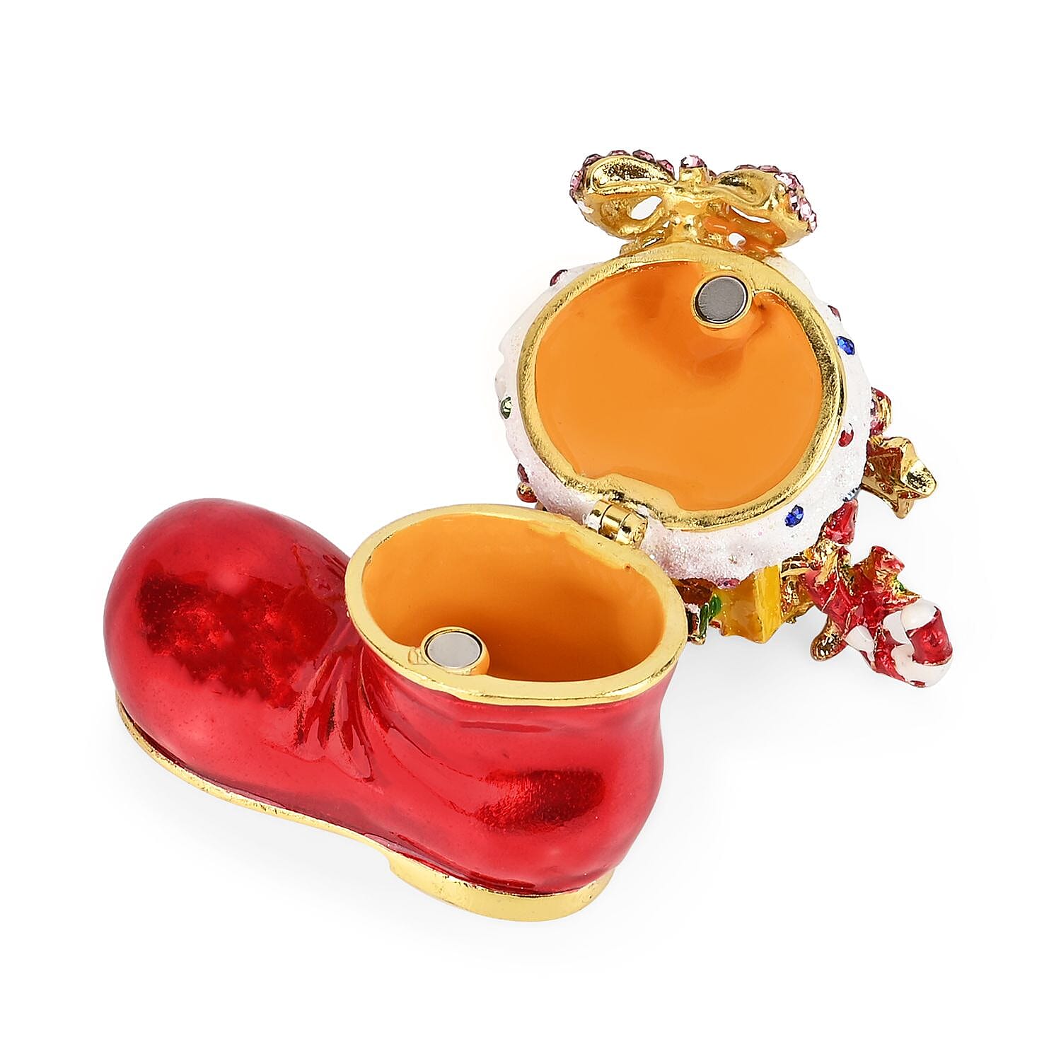 Christmas Santas Shoe - Cat Hand Painted Trinket Storage Box Enamelled With Sparkling Crystals - Multi