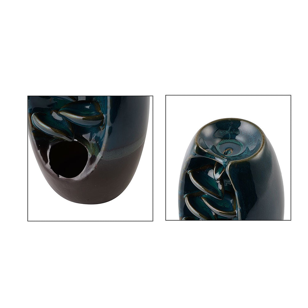Ceramic Backflow Incense Holder with 120 Incense Cones, 30 Sticks, Tweezer and Base - Blue