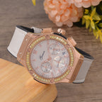 GENOA Time V2 Multifunction Movt. Embellished with Champagne CZ  WR Watch in Rose Gold Tone with Grey Silicon Strap