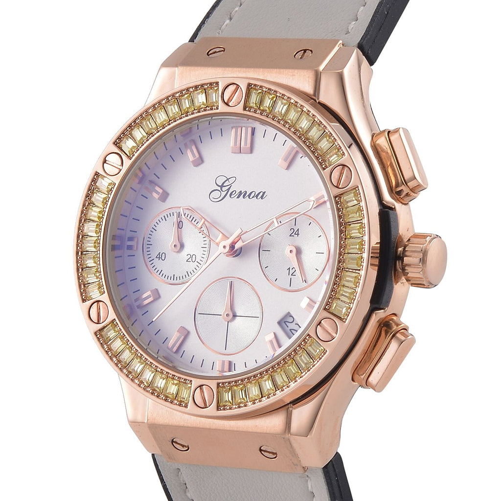GENOA Time V2 Multifunction Movt. Embellished with Champagne CZ  WR Watch in Rose Gold Tone with Grey Silicon Strap