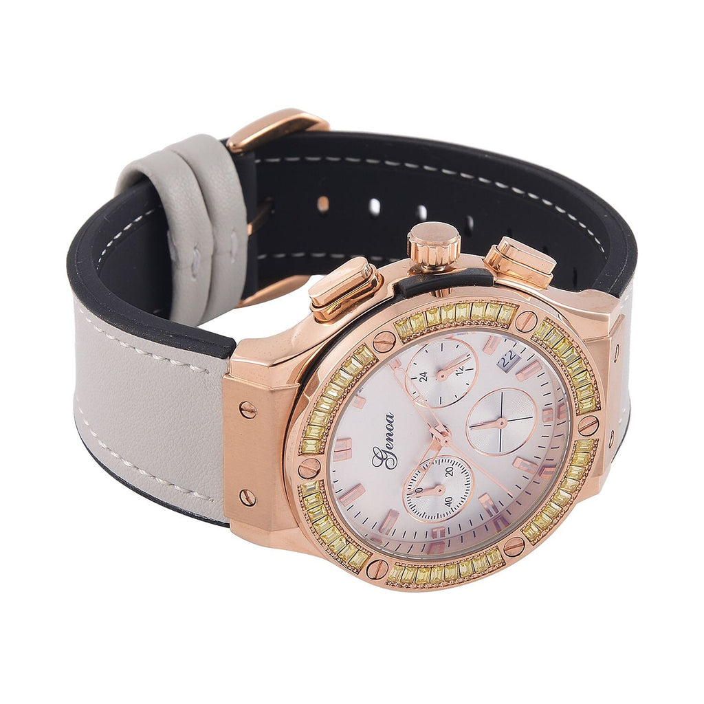 GENOA Time V2 Multifunction Movt. Embellished with Champagne CZ  WR Watch in Rose Gold Tone with Grey Silicon Strap