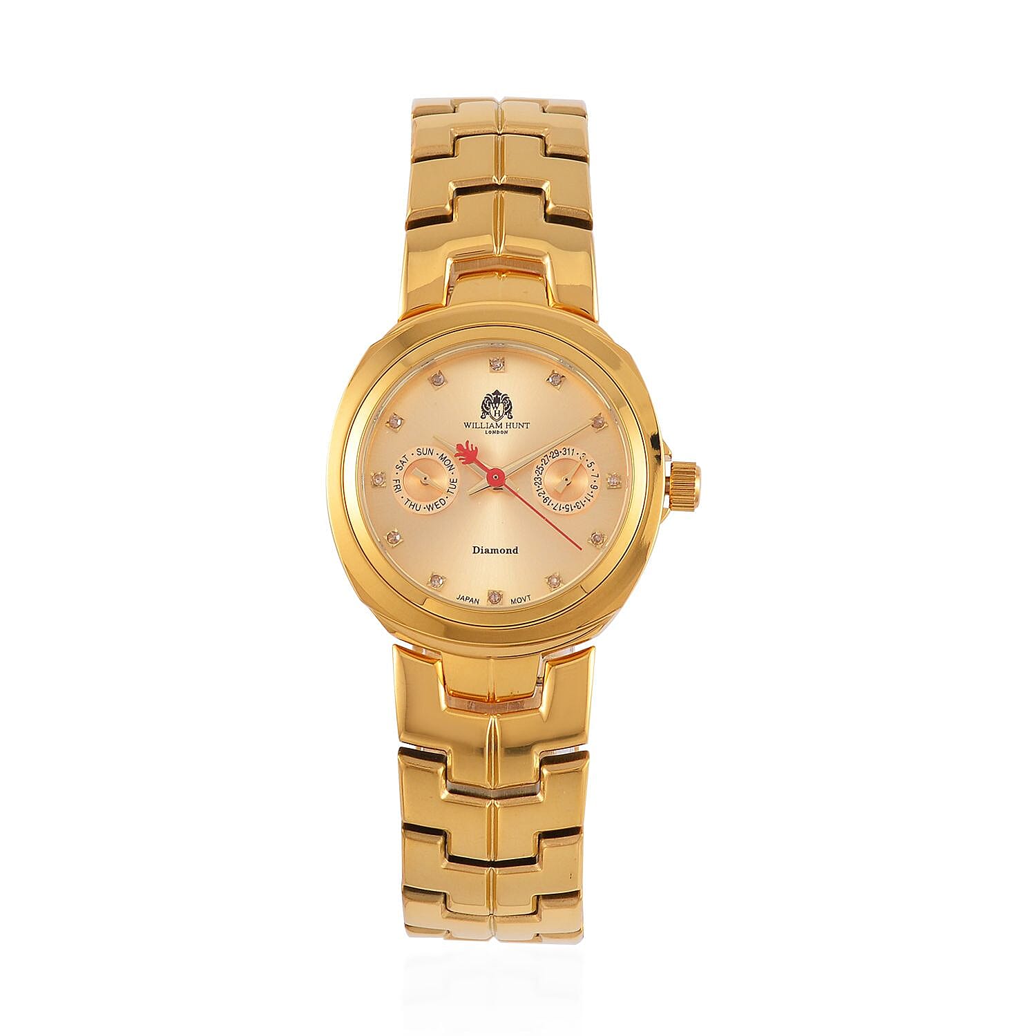 William Hunt - Champagne Diamond Studded Japan Movt. 5ATM WR Watch with Golden Stainless Steel Chain Strap