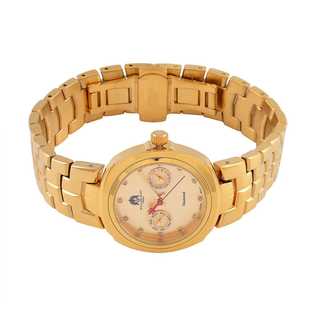 William Hunt - Champagne Diamond Studded Japan Movt. 5ATM WR Watch with Golden Stainless Steel Chain Strap
