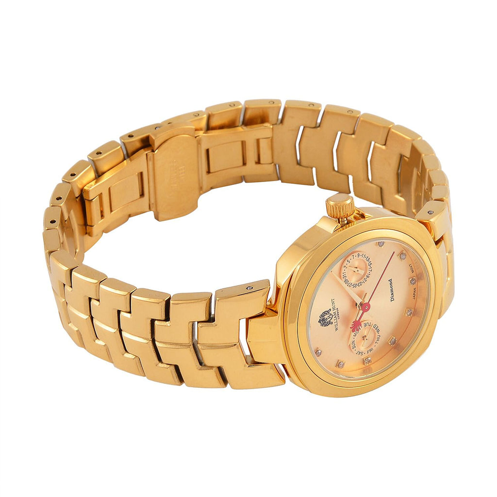 William Hunt - Champagne Diamond Studded Japan Movt. 5ATM WR Watch with Golden Stainless Steel Chain Strap