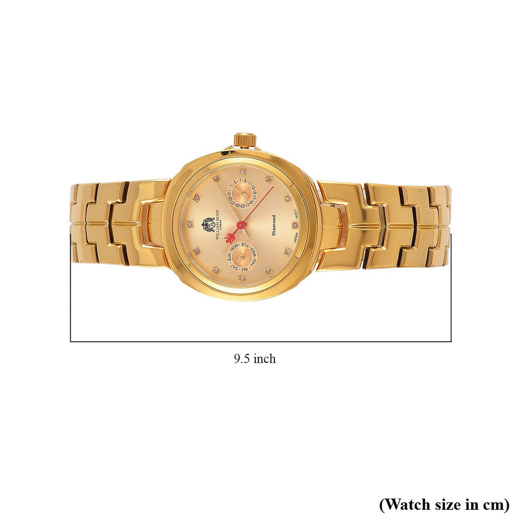 William Hunt - Champagne Diamond Studded Japan Movt. 5ATM WR Watch with Golden Stainless Steel Chain Strap