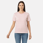 Charlotte West 100% Cotton Striped Jersey Ribbed Neck T-Shirt (Size 18) - Pink