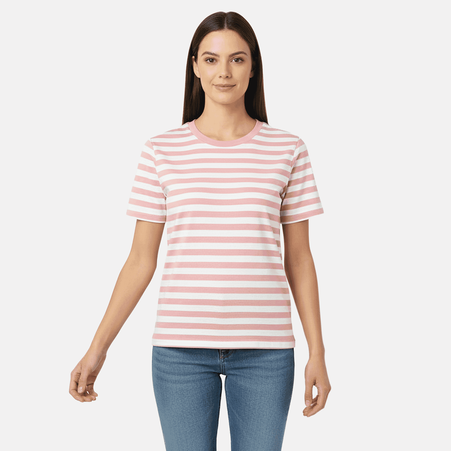 Charlotte West 100% Cotton Striped Jersey Ribbed Neck T-Shirt (Size 18) - Pink