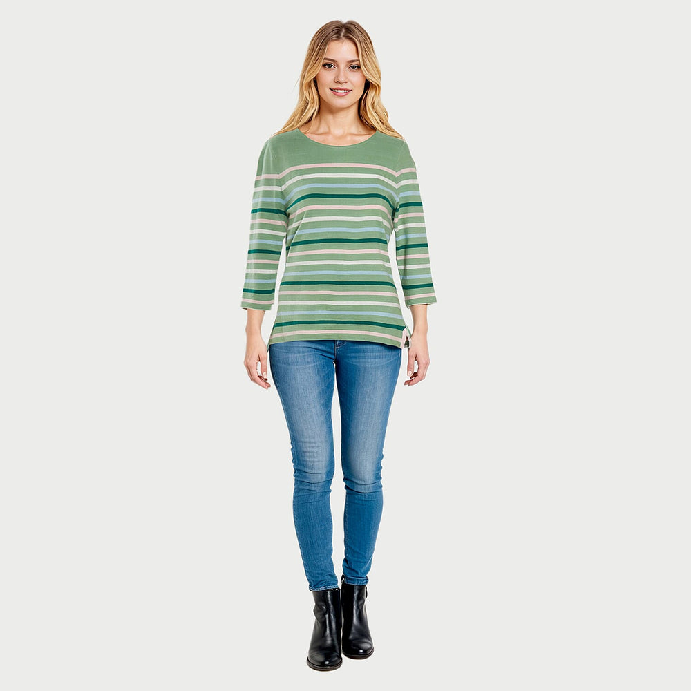 100% Cotton Multi Thin Stripe 3-4 Length Sleeve Top (Size 12) - Green