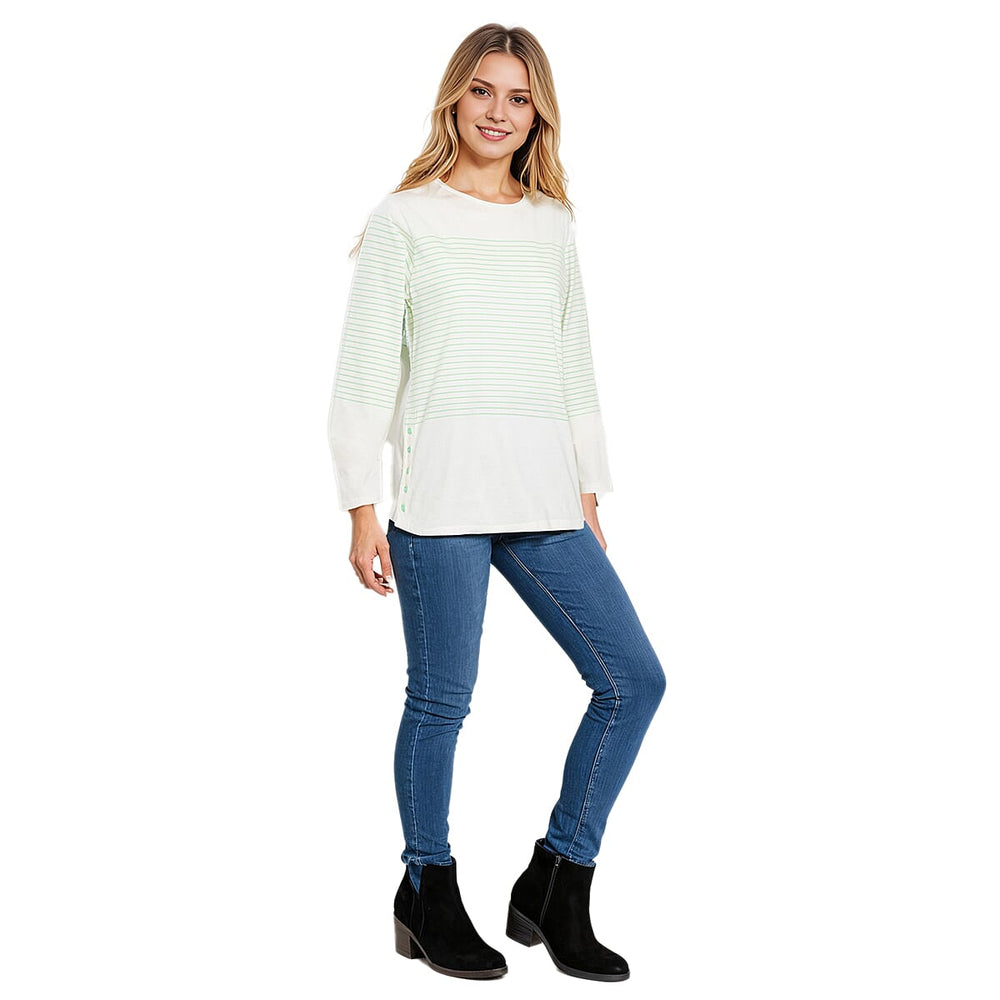 Charlotte West - 100% Cotton Stripe Long Sleeve Top with Button Sides (Size 12) - Green