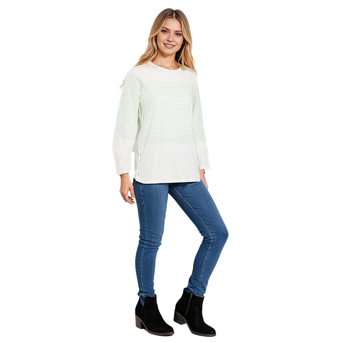 Charlotte West - 100% Cotton Stripe Long Sleeve Top with Button Sides (Size 12) - Green