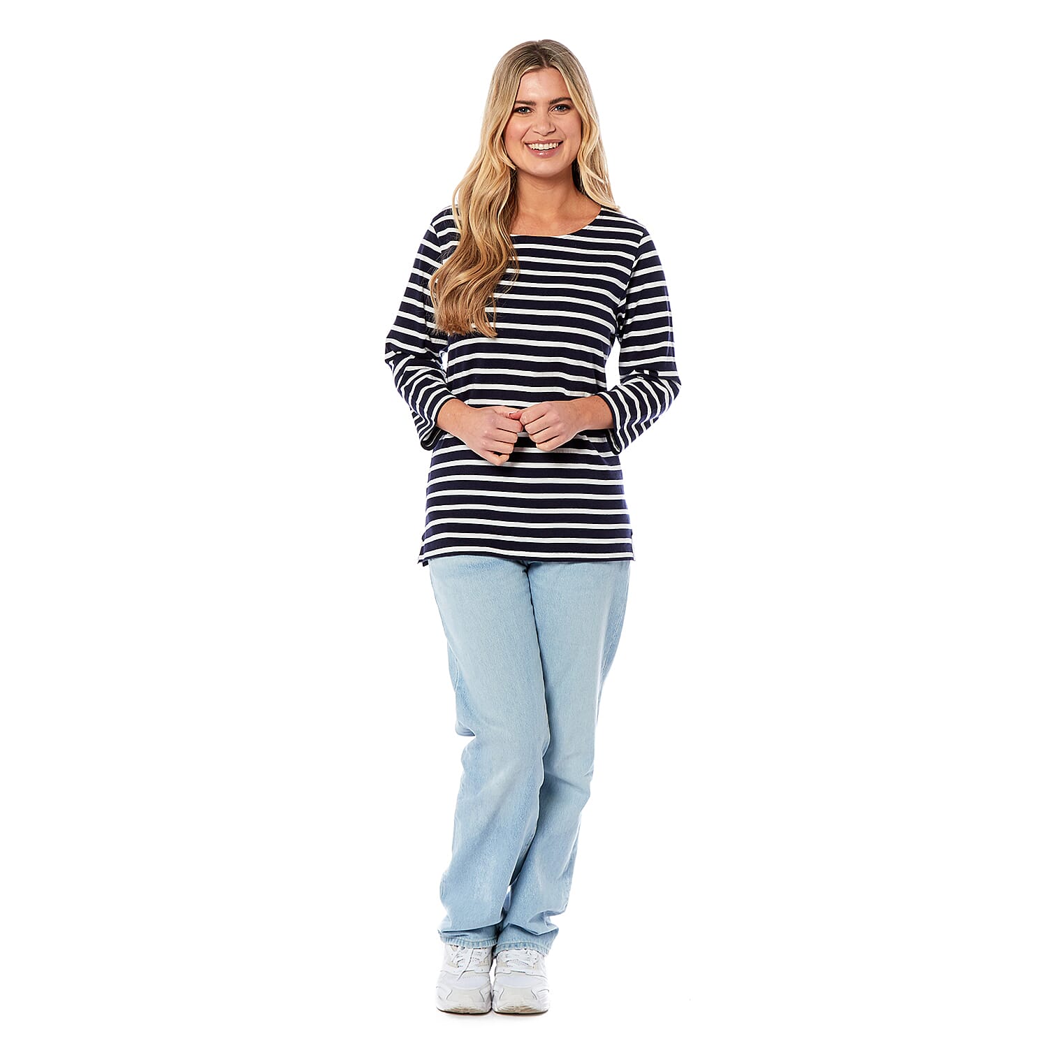 Charlotte West Cotton Knitted Top (Size 1x1 cm) - Navy Base Off White Stripe