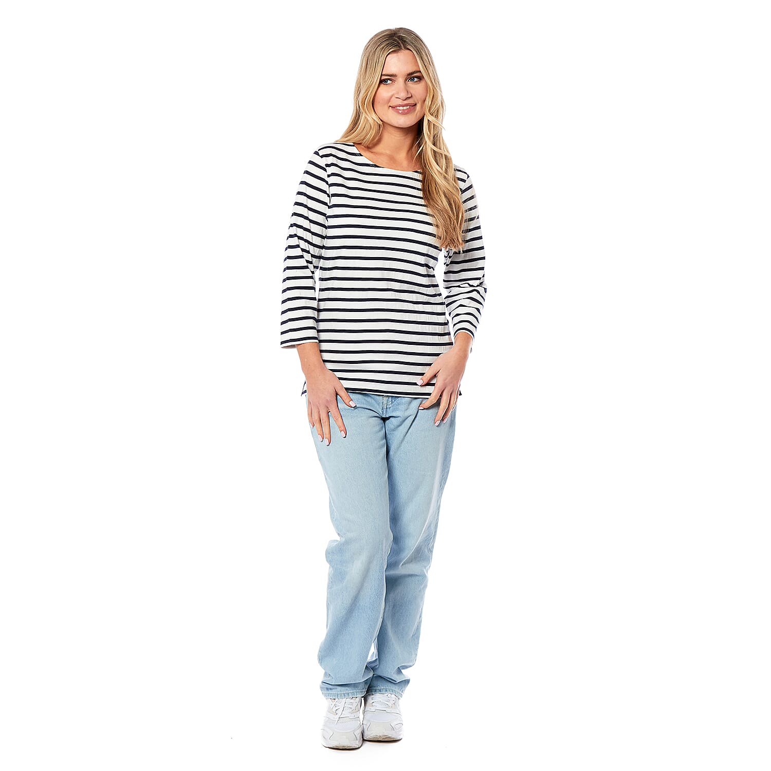 Charlotte West Cotton Knitted Top (Size 1x1 cm) - Off White Base Navy