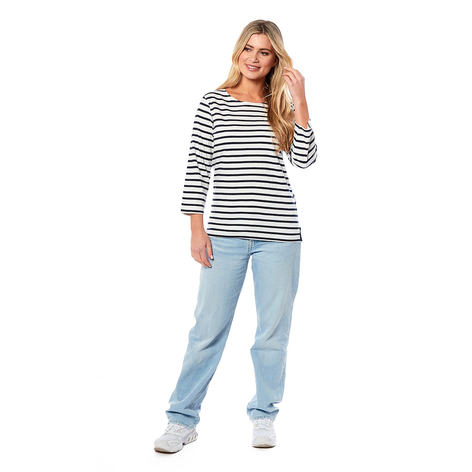 Charlotte West Cotton Knitted Top (Size 1x1 cm) - Off White Base Navy