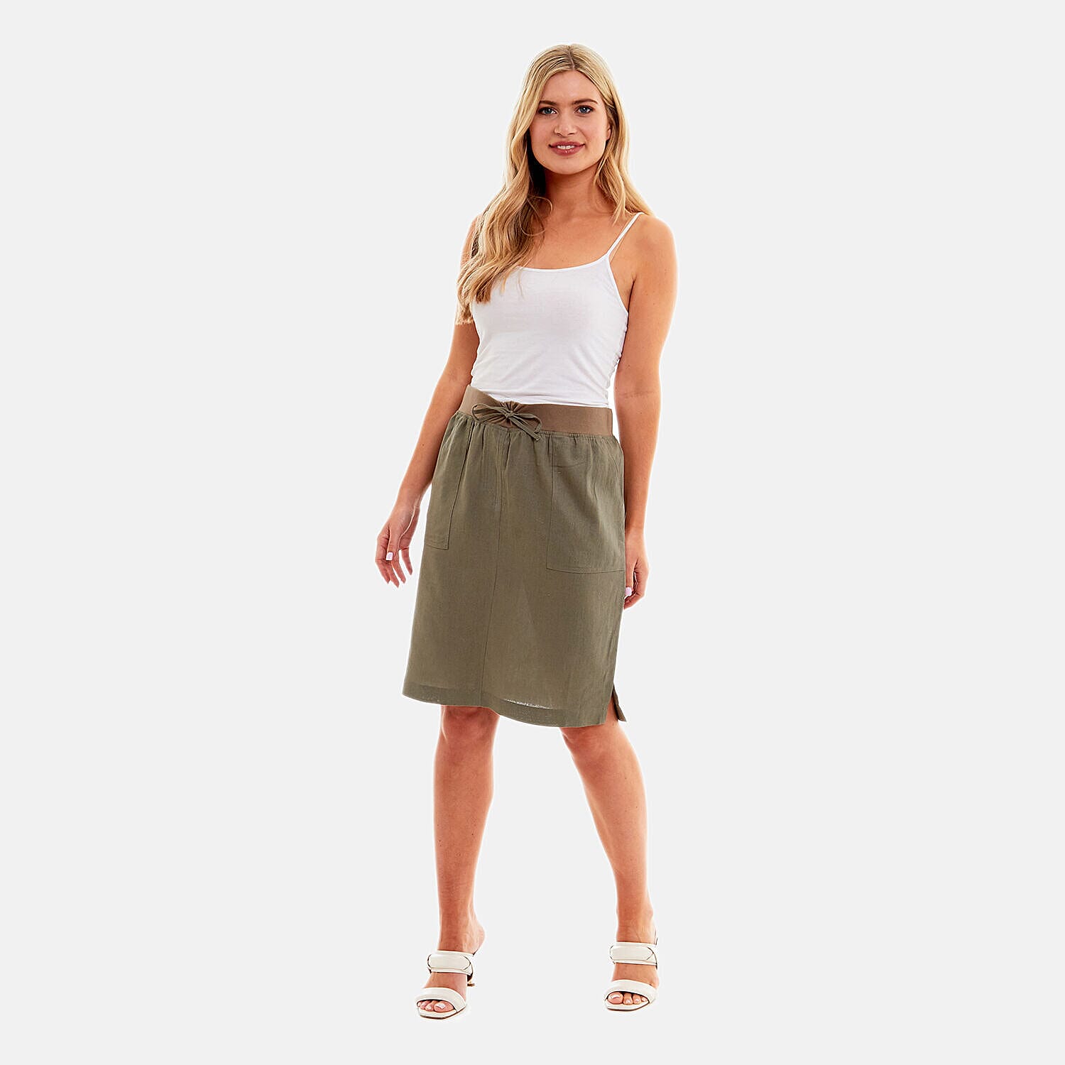 Charlotte West - Ladies Linen A-line Skirt with Rib Waistband (Size 12) - Khaki