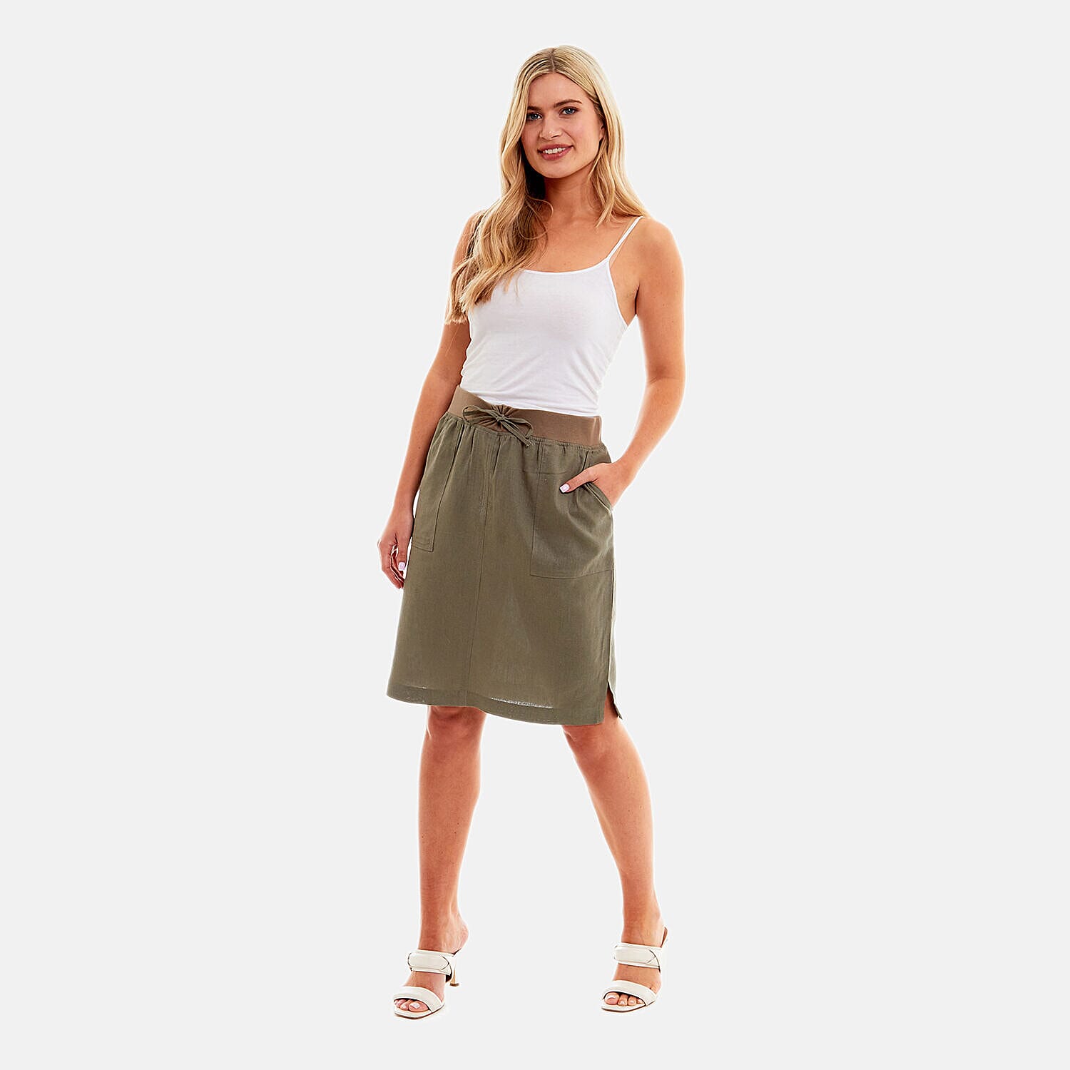Charlotte West - Ladies Linen A-line Skirt with Rib Waistband (Size 14)  - Khaki