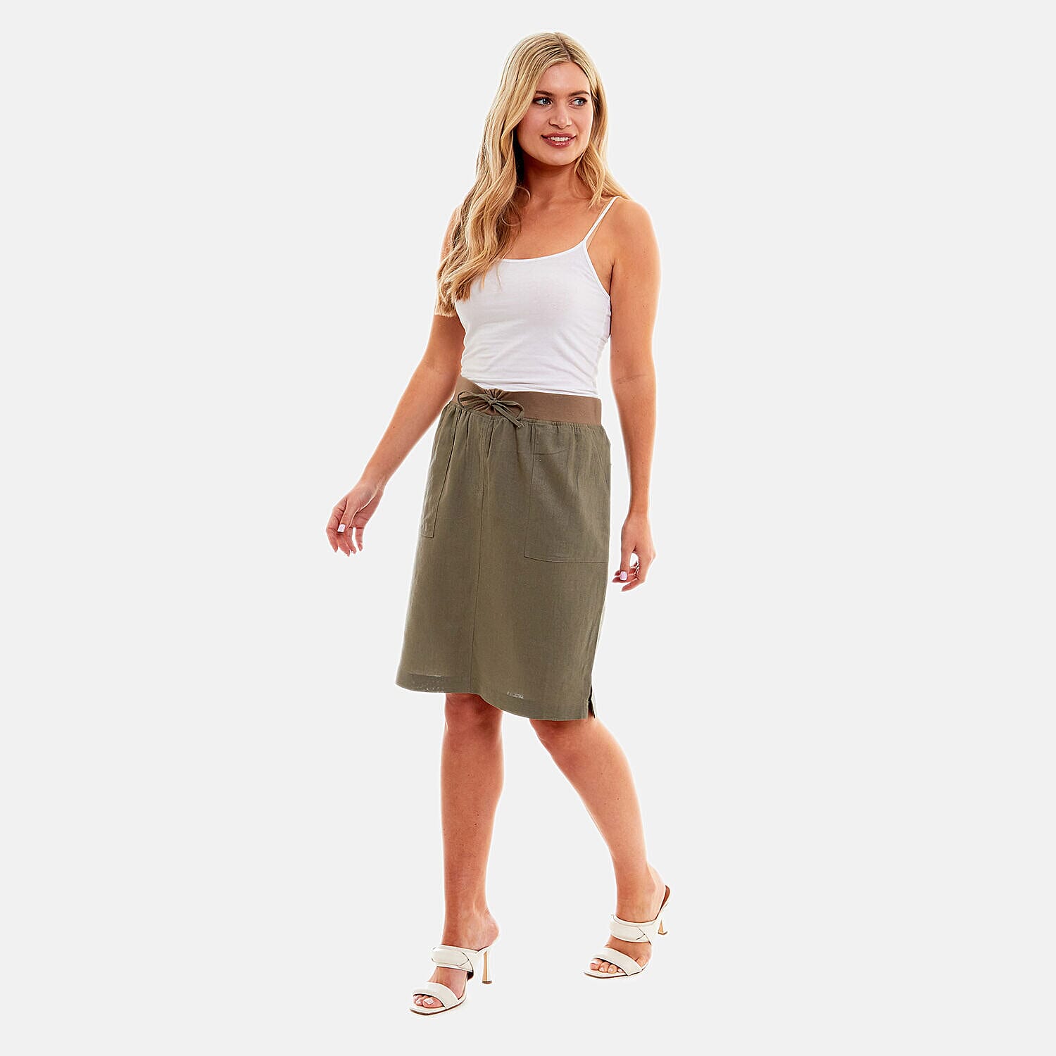 Charlotte West - Ladies Linen A-line Skirt with Rib Waistband (Size 14)  - Khaki
