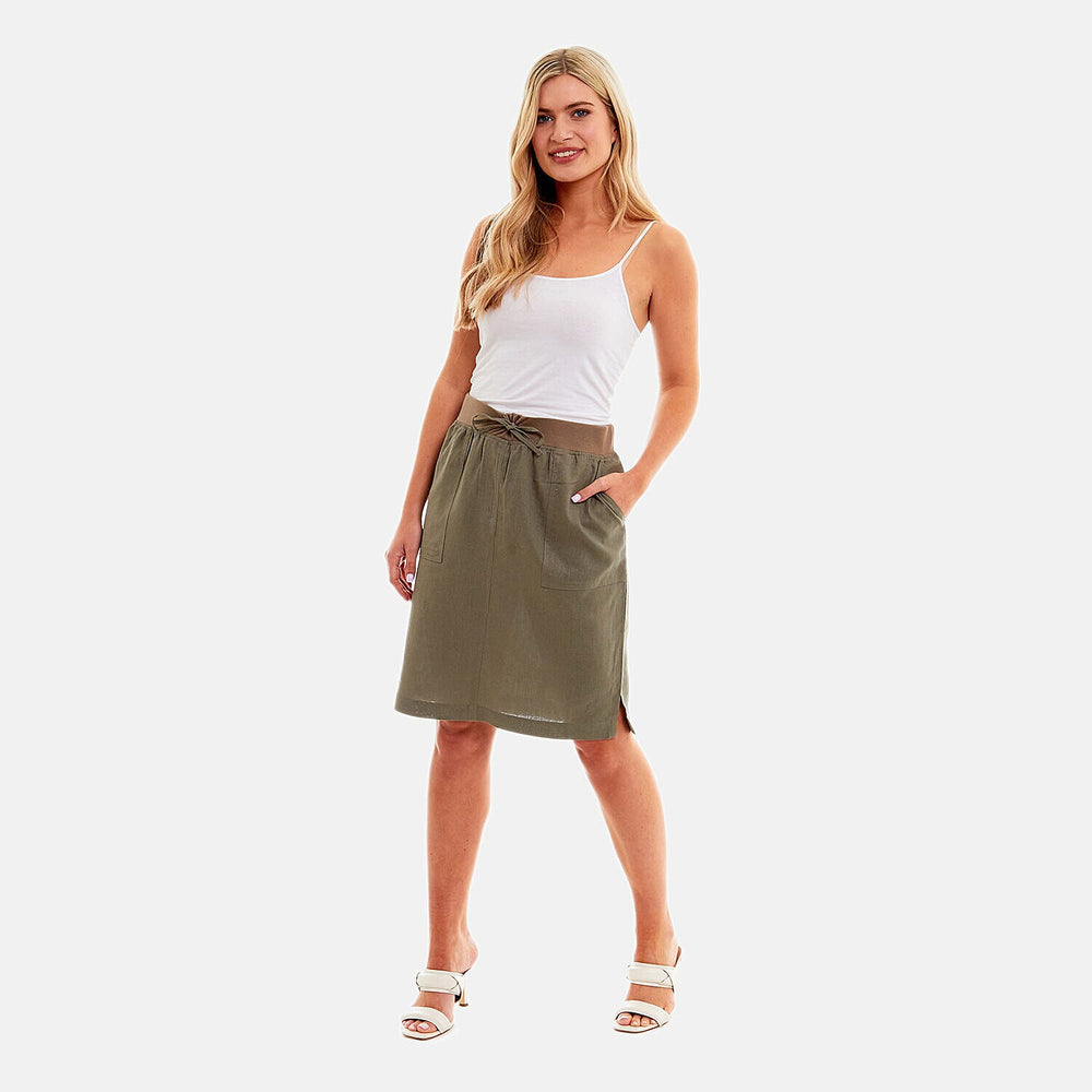 Charlotte West - Ladies Linen A-line Skirt with Rib Waistband (Size 16) - Khaki