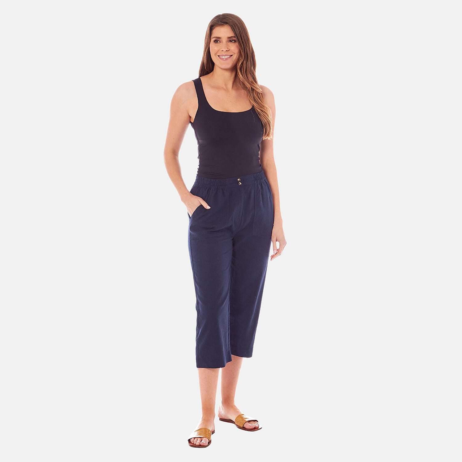 Charlotte West Ladies Linen Blend 3-4 Pant (Size 12) - Navy
