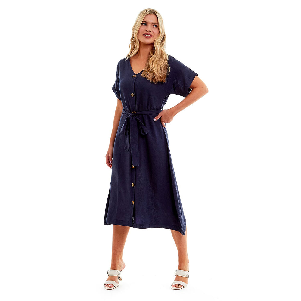 Charlotte West Ladies Linen Belted Dress (Size 12) - Navy