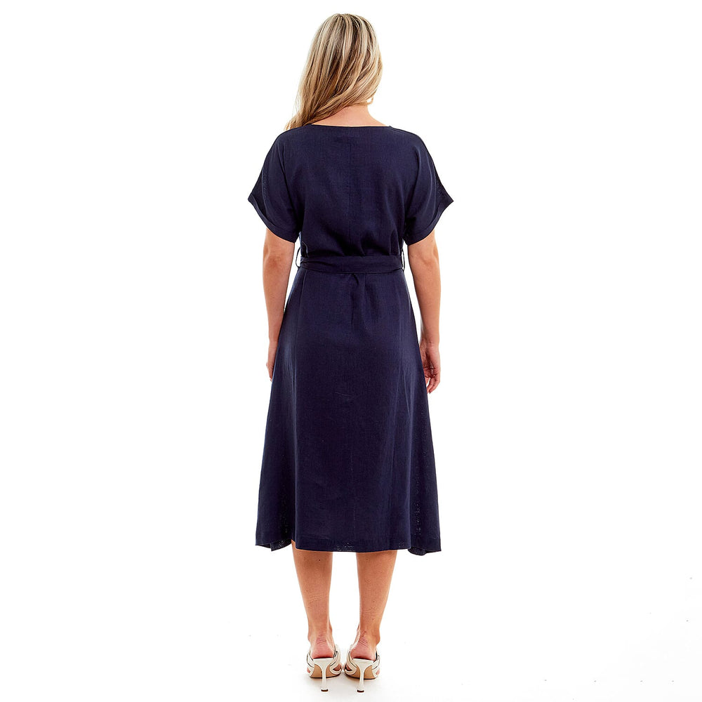 Charlotte West Ladies Linen Belted Dress (Size 12) - Navy