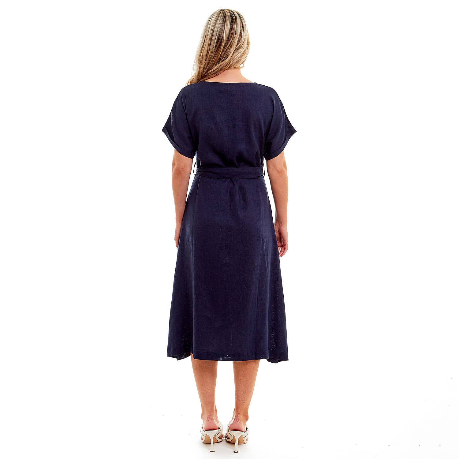 Charlotte West Ladies Linen Belted Dress (Size 12) - Navy
