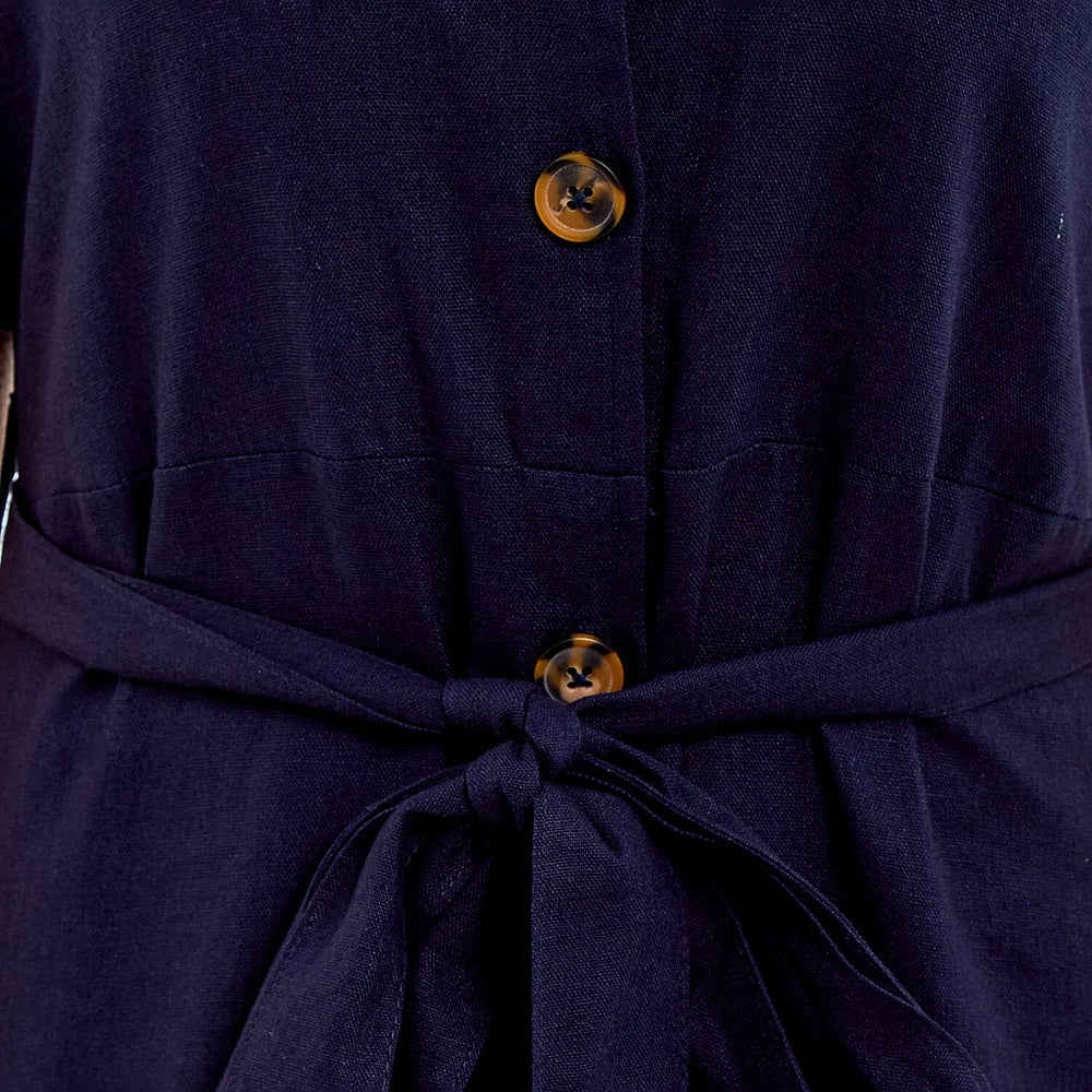 Charlotte West Ladies Linen Belted Dress (Size 12) - Navy