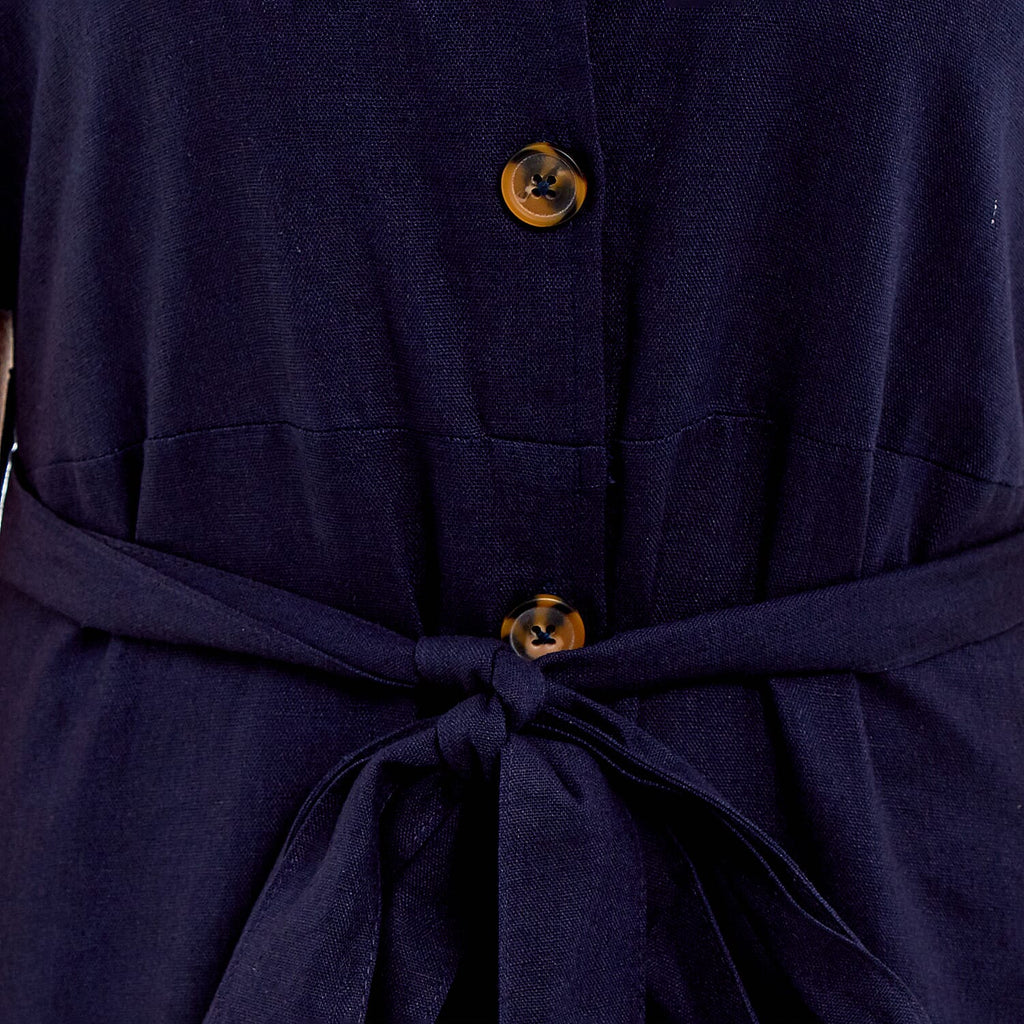 Charlotte West Ladies Linen Belted Dress (Size 12) - Navy