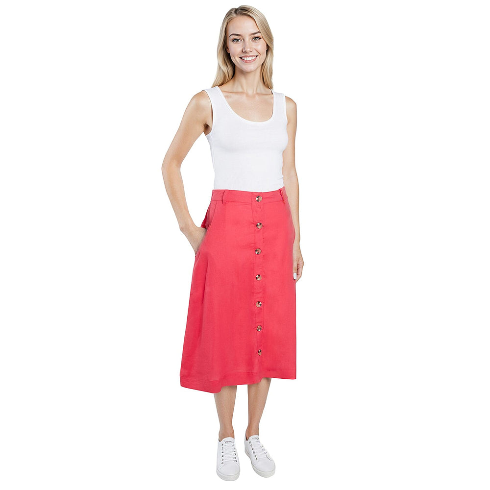 Charlotte West Linen Button A-line Midi Skirt (Size 12) - Raspberry
