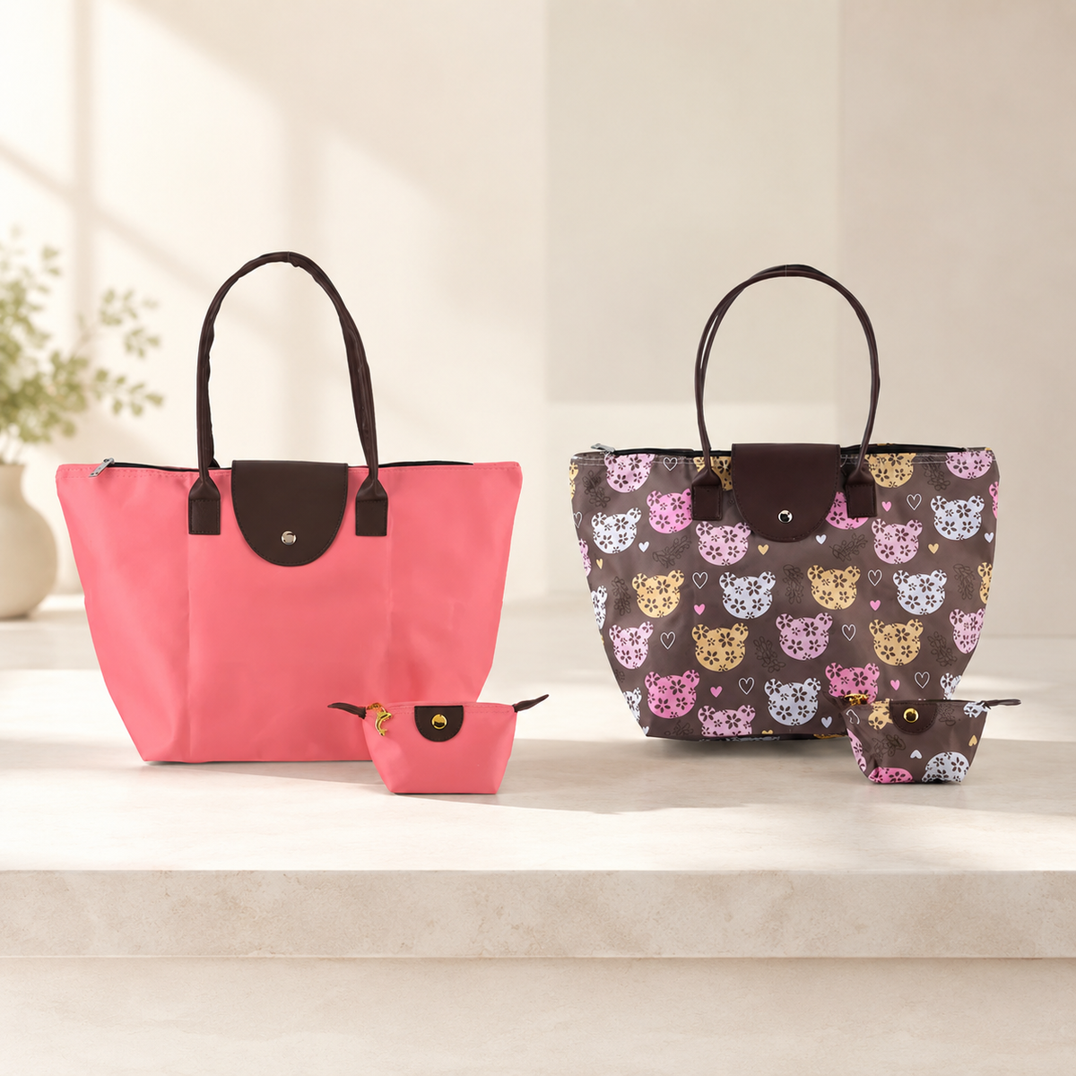 Set of 2 Tote Bags with 2  Cosmetic Bags Travel Combo - Black