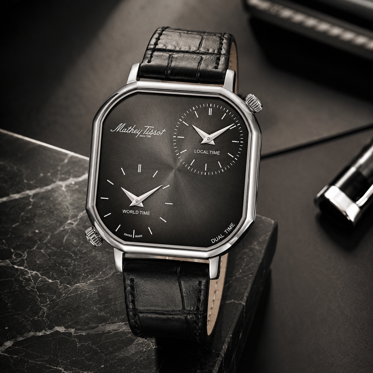 Mathey Tissot Monsoon Dual Time Ronda 762 Watch with a Grey Dial and a Black Leather