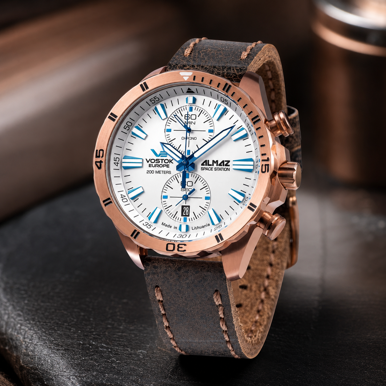 VOSTOK EUROPE Almaz Miyota 6S11 Quartz Movt. 20ATM WR White Dial - Rose Case Mens Watch with Brown Leather Strap