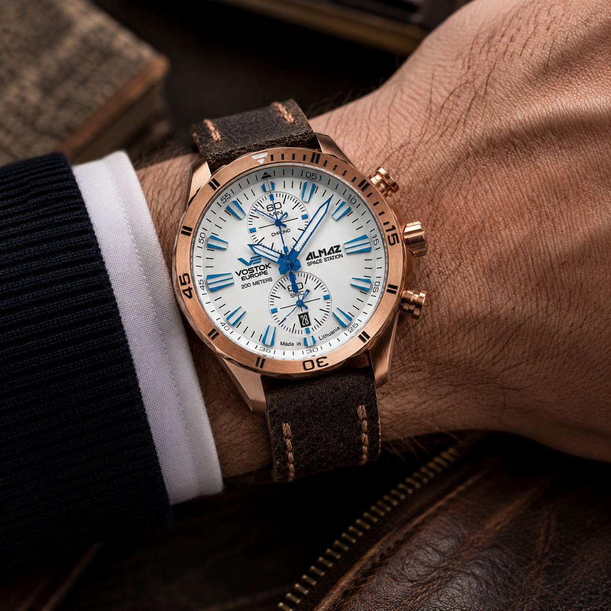 VOSTOK EUROPE Almaz Miyota 6S11 Quartz Movt. 20ATM WR White Dial - Rose Case Mens Watch with Brown Leather Strap