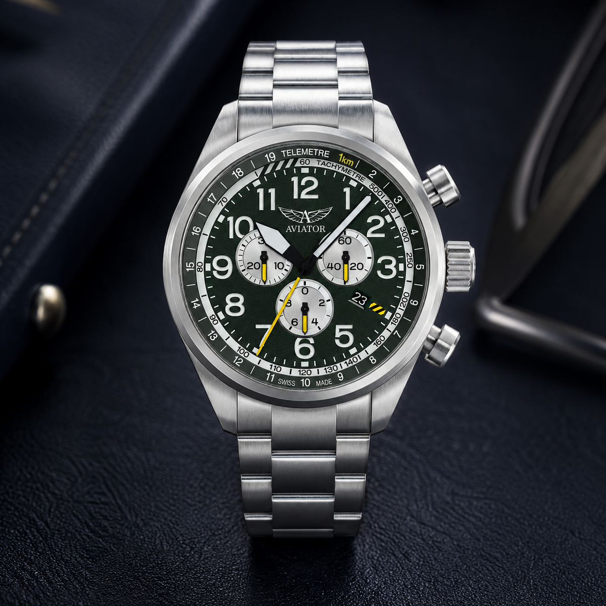 Aviator Aircobra P45 Chrono Swiss Quartz Ronda 5040.D Watch with a Green Dial and a