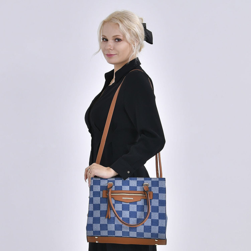 Checker Pattern Crossbody Bag With 2 Exterior Zipper Pockets - Handle Drop - Blue