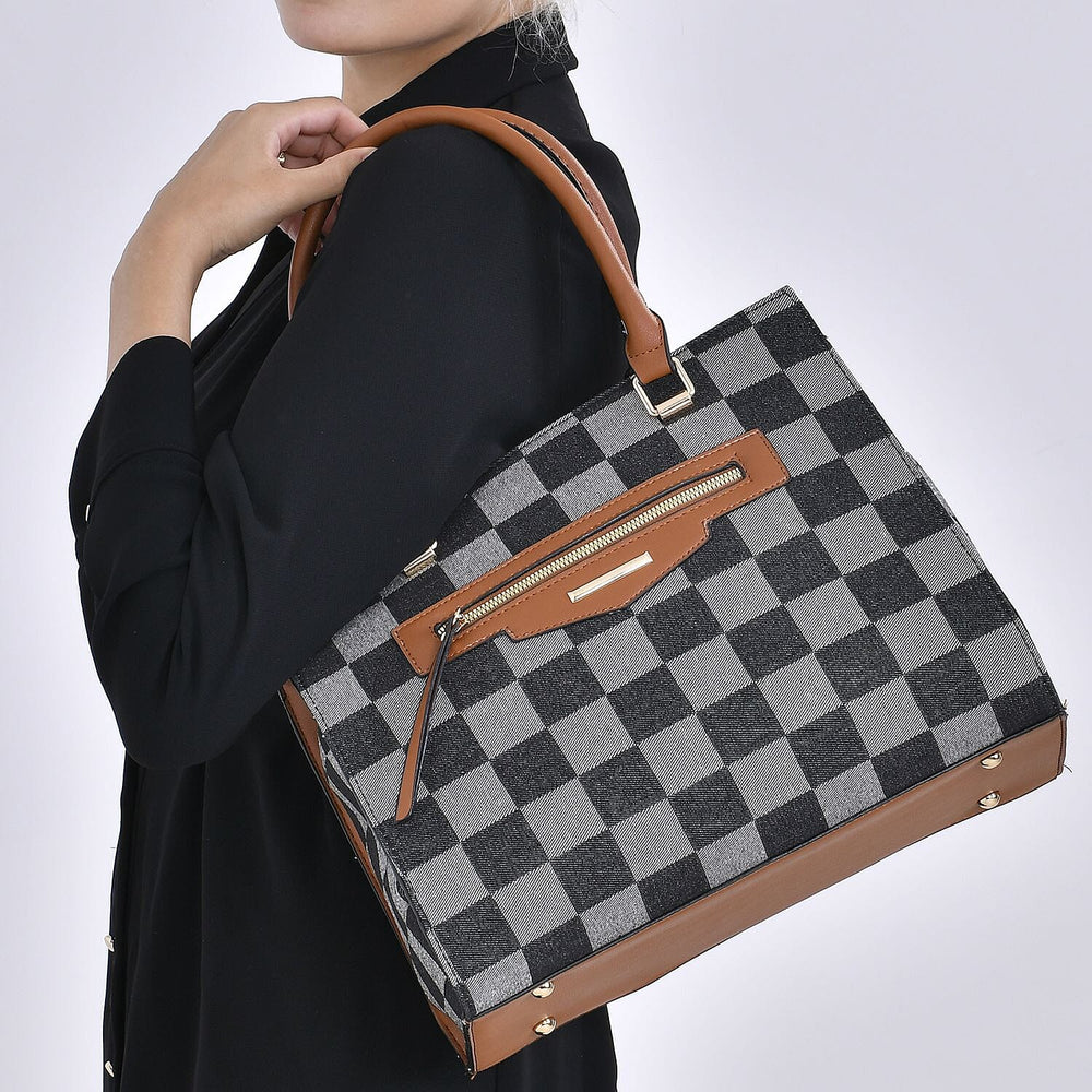 Checker Pattern Crossbody Bag With 2 Exterior Zipper Pockets - Handle Drop - Black