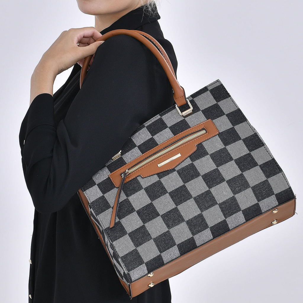 Checker Pattern Crossbody Bag With 2 Exterior Zipper Pockets - Handle Drop - Black