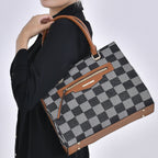 Checker Pattern Crossbody Bag With 2 Exterior Zipper Pockets - Handle Drop - Black
