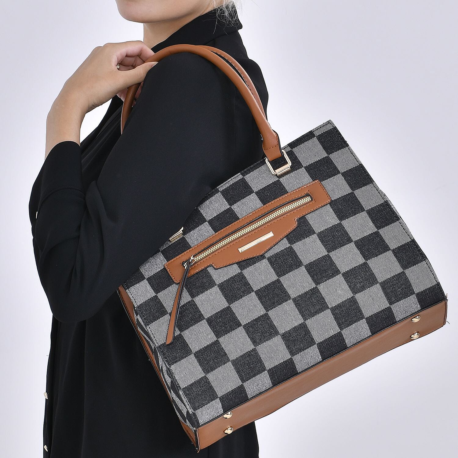 Checker Pattern Crossbody Bag With 2 Exterior Zipper Pockets - Handle Drop - Black