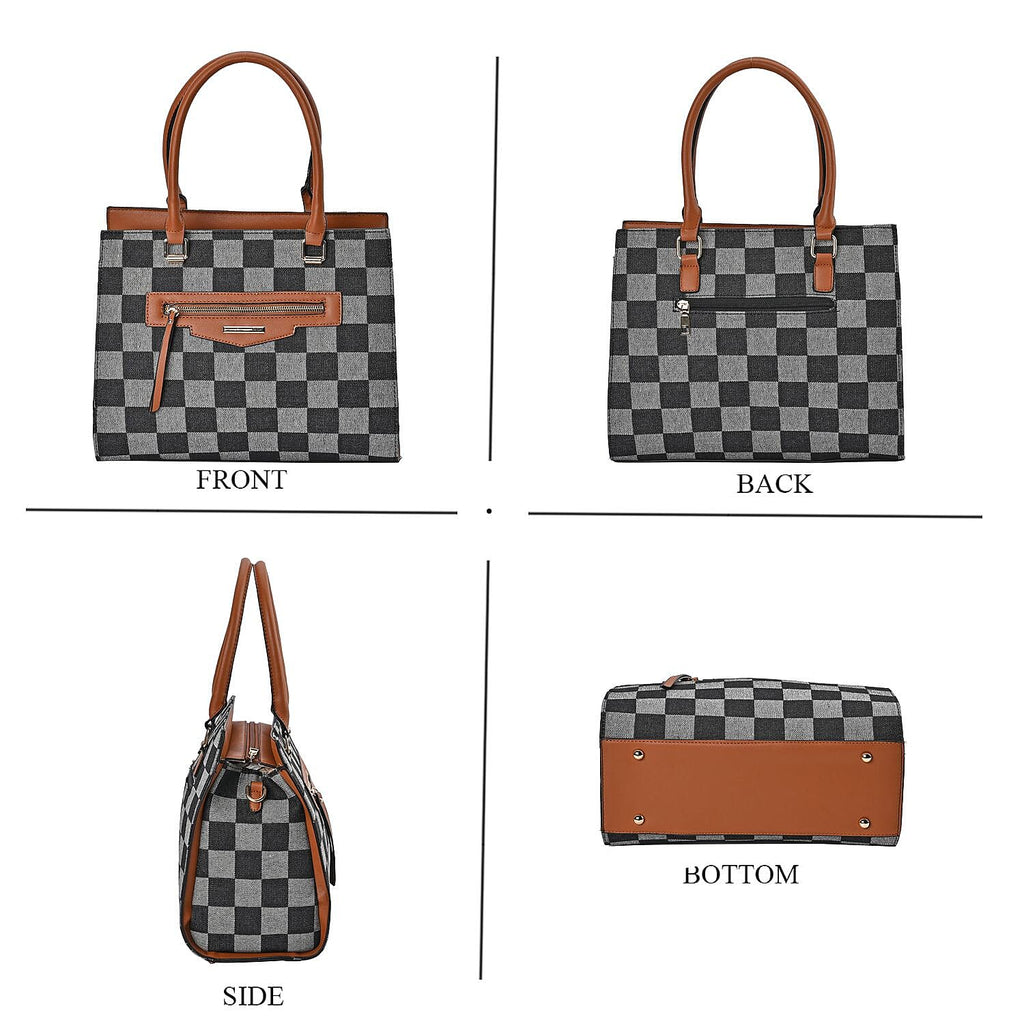 Checker Pattern Crossbody Bag With 2 Exterior Zipper Pockets - Handle Drop - Black