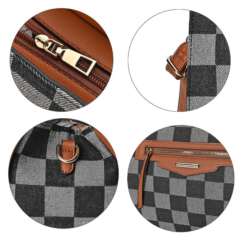 Checker Pattern Crossbody Bag With 2 Exterior Zipper Pockets - Handle Drop - Black