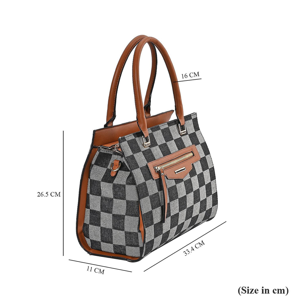 Checker Pattern Crossbody Bag With 2 Exterior Zipper Pockets - Handle Drop - Black