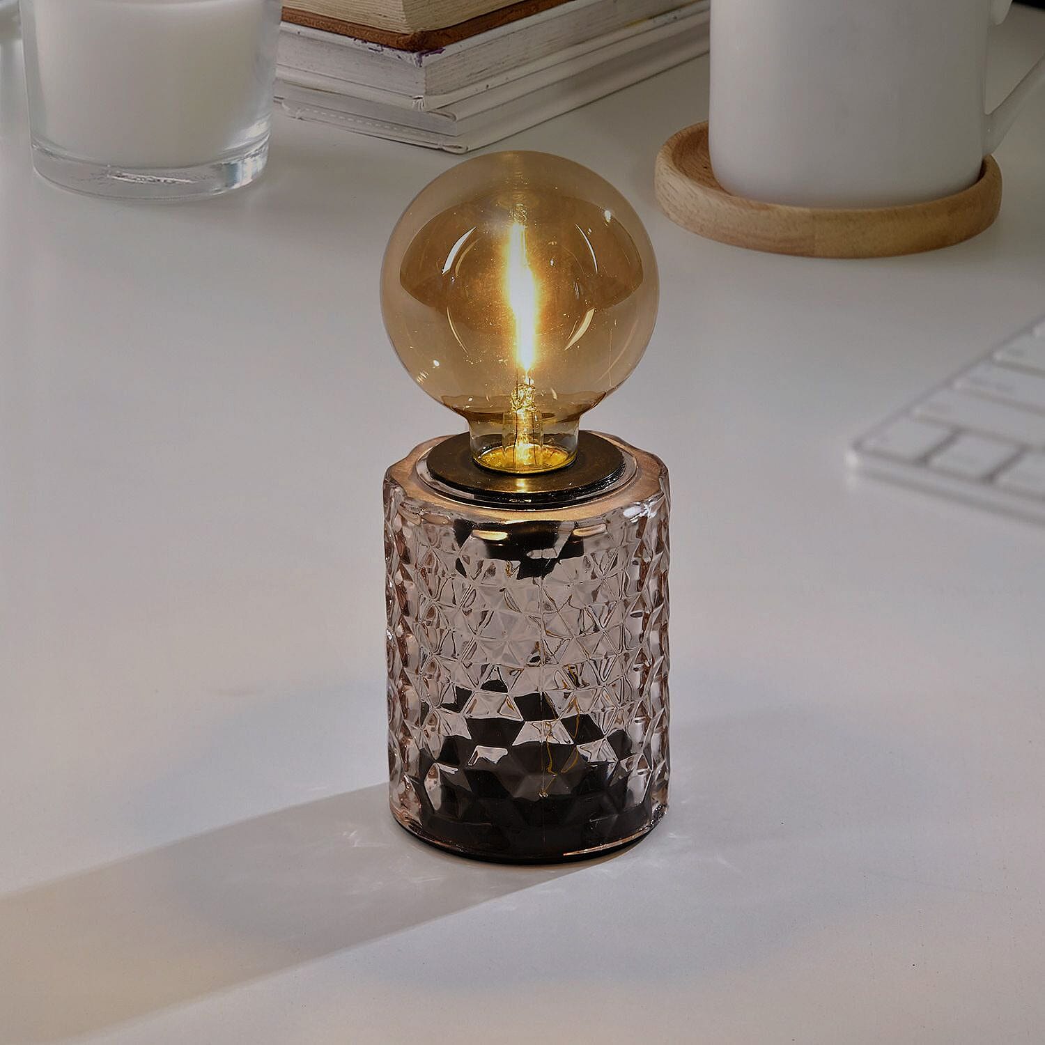 Jewel Cut Glass Table Lamp with Warm White Edison Filament Bulb - Pink, 3 AA Battery (Not Inc)