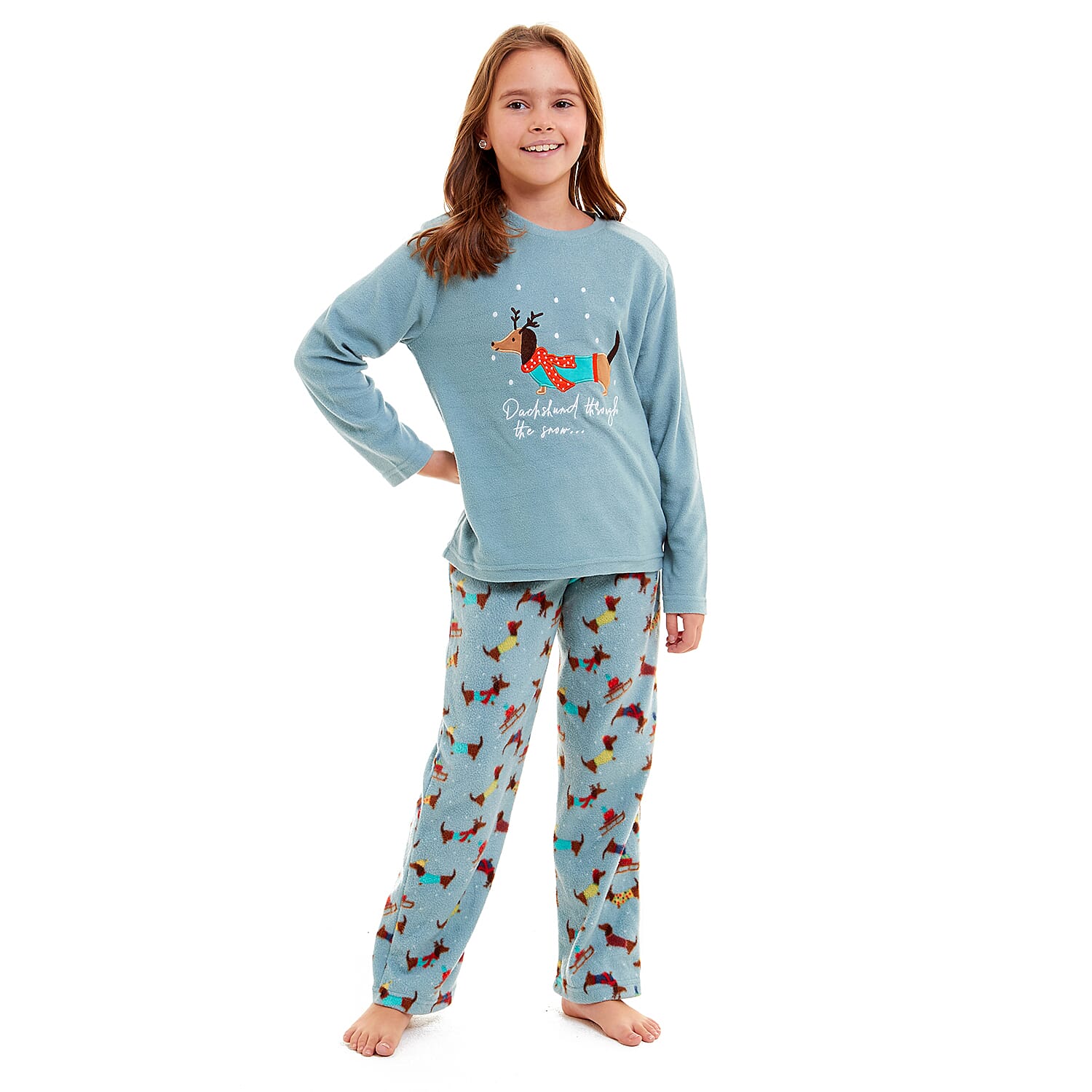 Childrens Dachshund Micro Fleece Pyjamas with Applique Top & Printed Trouser (Size 11-12) - Blue