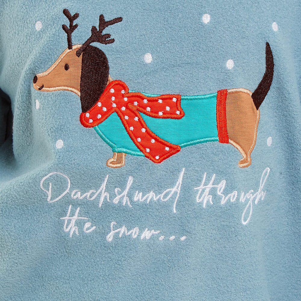 Childrens Dachshund Micro Fleece Pyjamas with Applique Top & Printed Trouser (Size 11-12) - Blue